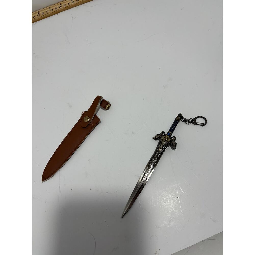 Vintage Lionhead Fantasy Sword Keychain Miniature with Leather Sheath